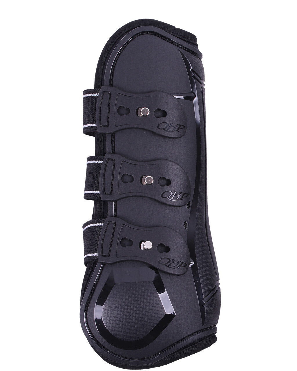 Black equestrian qhp tendon boots on a white background