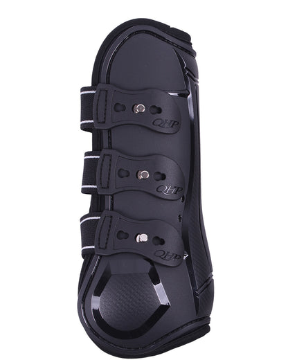 Black equestrian qhp tendon boots on a white background