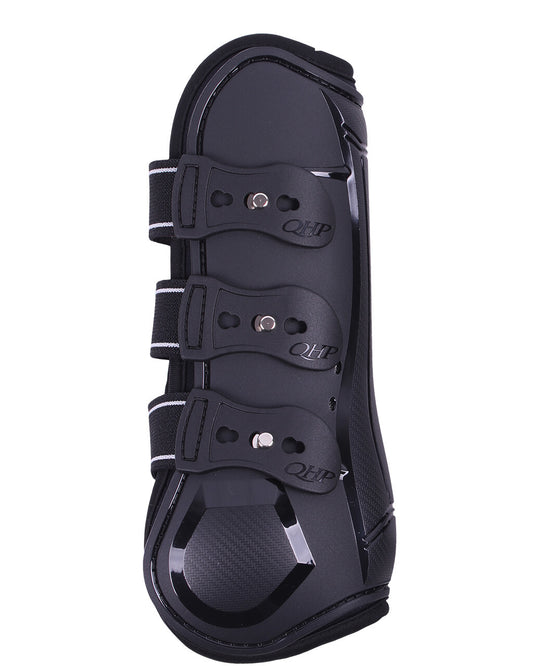 Black equestrian qhp tendon boots on a white background