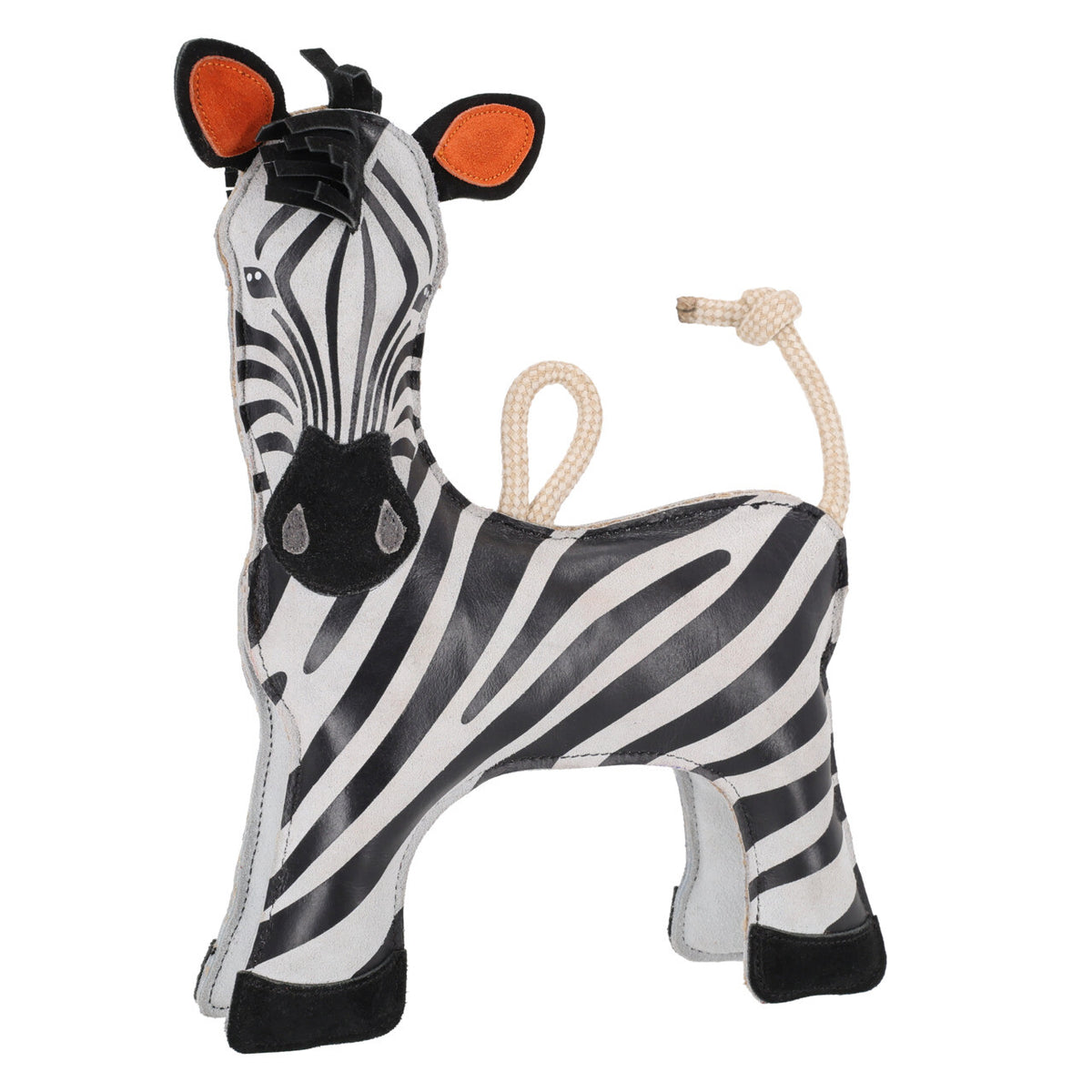 Zebra-shaped toy with a rope on a white background
