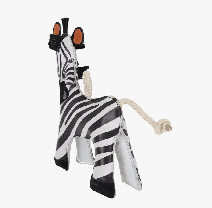 Zebra-shaped horse toy with a rope on a white background.