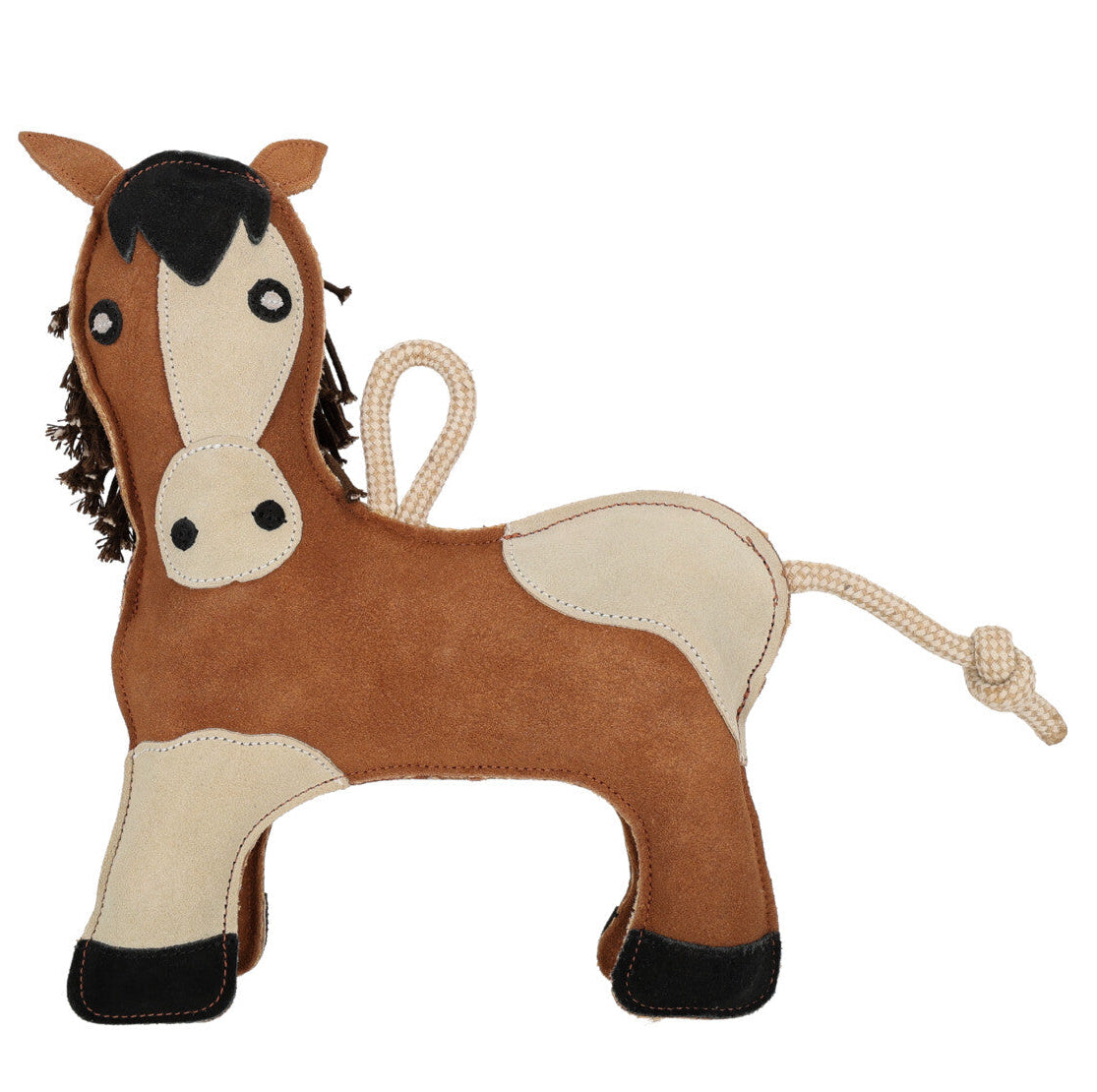 Brown and beige horse-shaped stall toy with a rope on a white background.