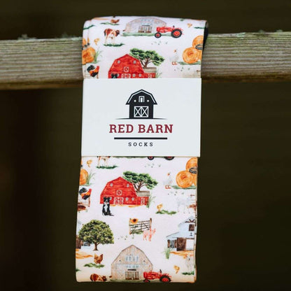 scenic farm life with a red barn dogs pigs ducks and more tall socks for everyday riding