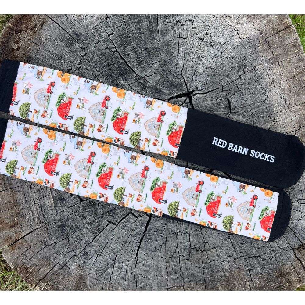 scenic red barn farm life socks on a tree stump