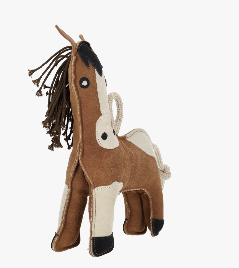 Stuffed horse stall toy with brown and beige colors on a white background.
