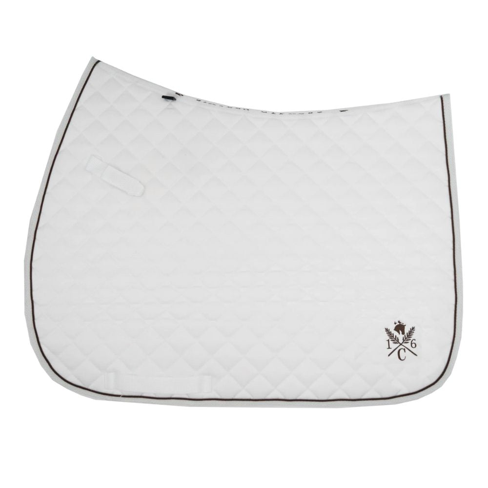 a white sixteen cypress daily sport saddle pad with hickory piping and embroidered design on a white background