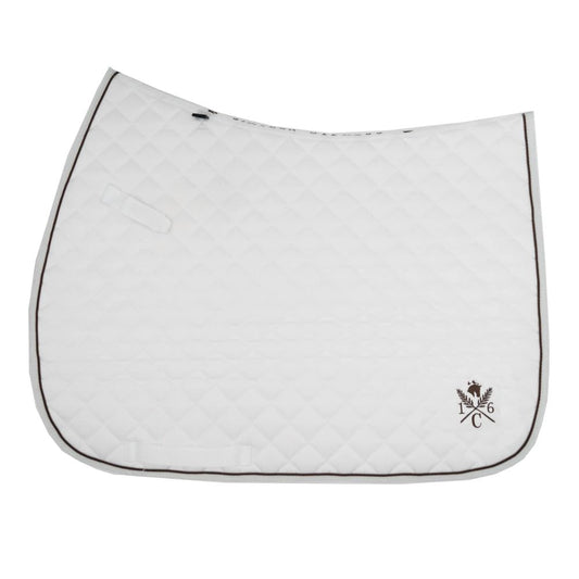 a white sixteen cypress daily sport saddle pad with hickory piping and embroidered design on a white background