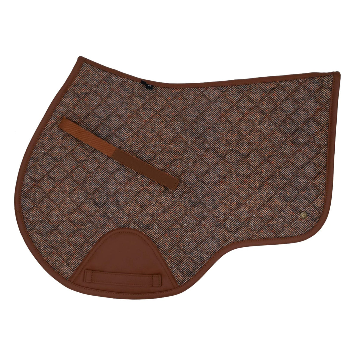 Close contact saddle pad in Cognac herringbone with contoured wither relief, brown leatherette trim, and reinforced lower corners.