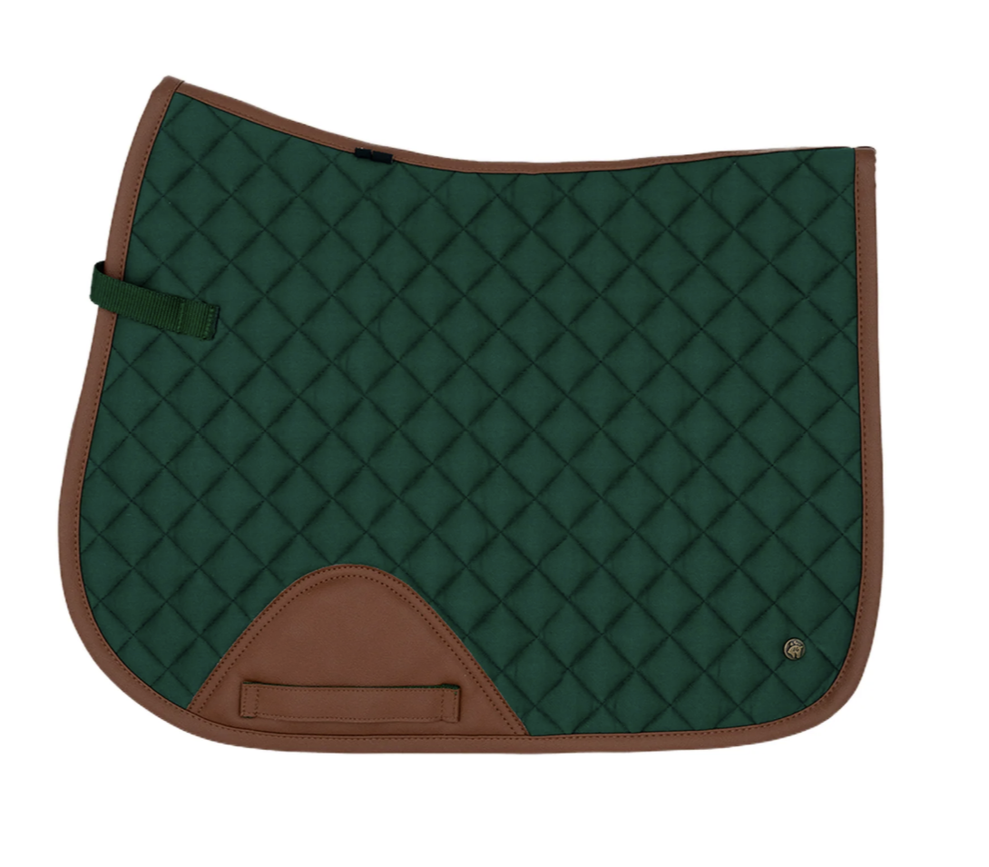 cypress green english saddle pad with cognac trim on a white background
