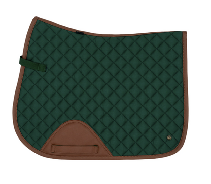 cypress green english saddle pad with cognac trim on a white background
