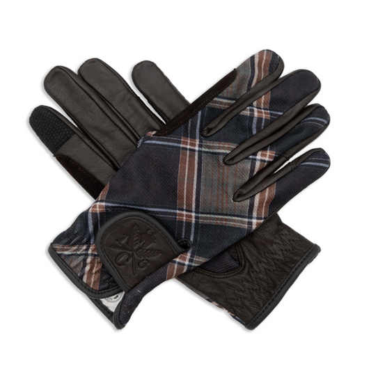 Pair of gloves with plaid pattern and tobacco brown leather sections on a white background