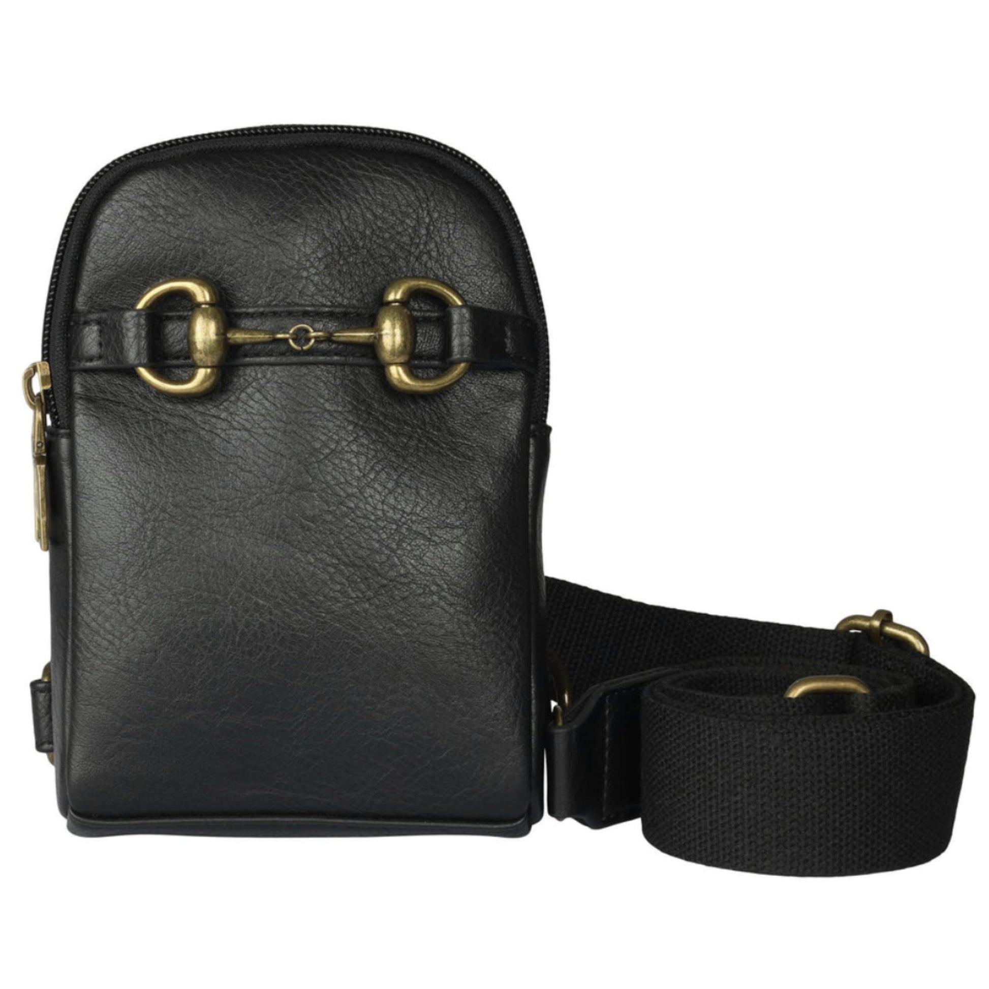 Black crossbody phone bag featuring brass snaffle bit hardware and an adjustable black webbing strap.