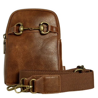 Brown crossbody phone bag with brass snaffle bit detail on the front and matching adjustable webbing strap.
