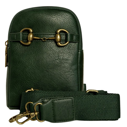 Hunter green crossbody phone bag with brass snaffle bit detail and a wide matching green adjustable strap.