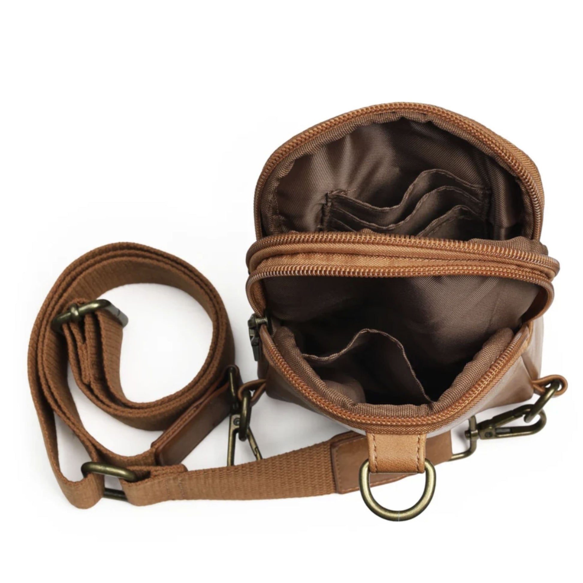 Brown crossbody phone bag shown open from above, displaying double zippered compartments and interior card slots