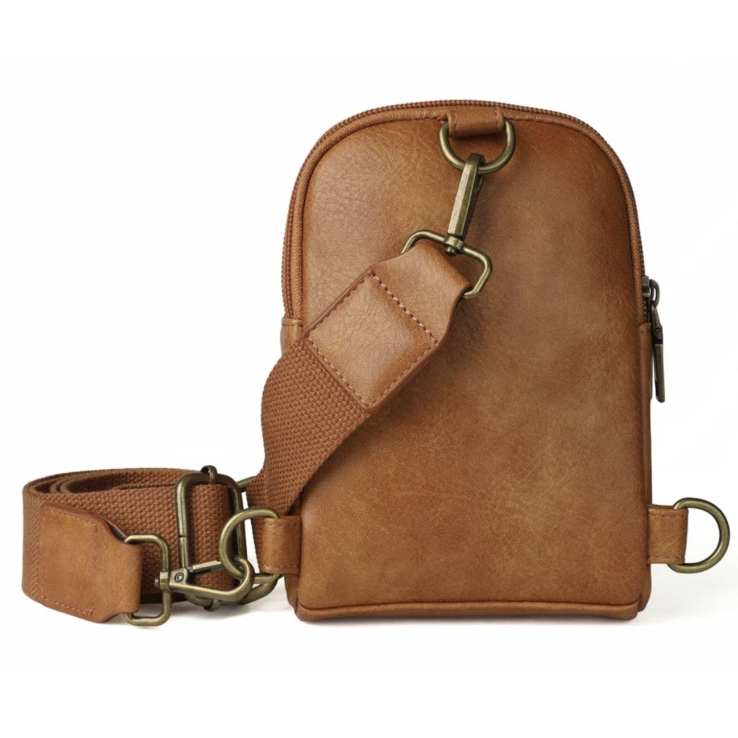 Brown crossbody phone bag with brass hardware and adjustable webbing strap, shown from a back view.