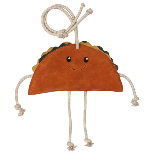 Horse stall toy resembling a smiling taco with legs and a rope on a white background.