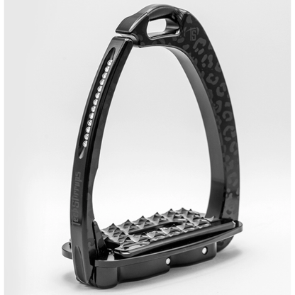 A black aluminum english stirrup with a subtle leopard print pattern, featuring a textured spiked footbed and a row of small clear rhinestones on the side, shown on a light gray background.