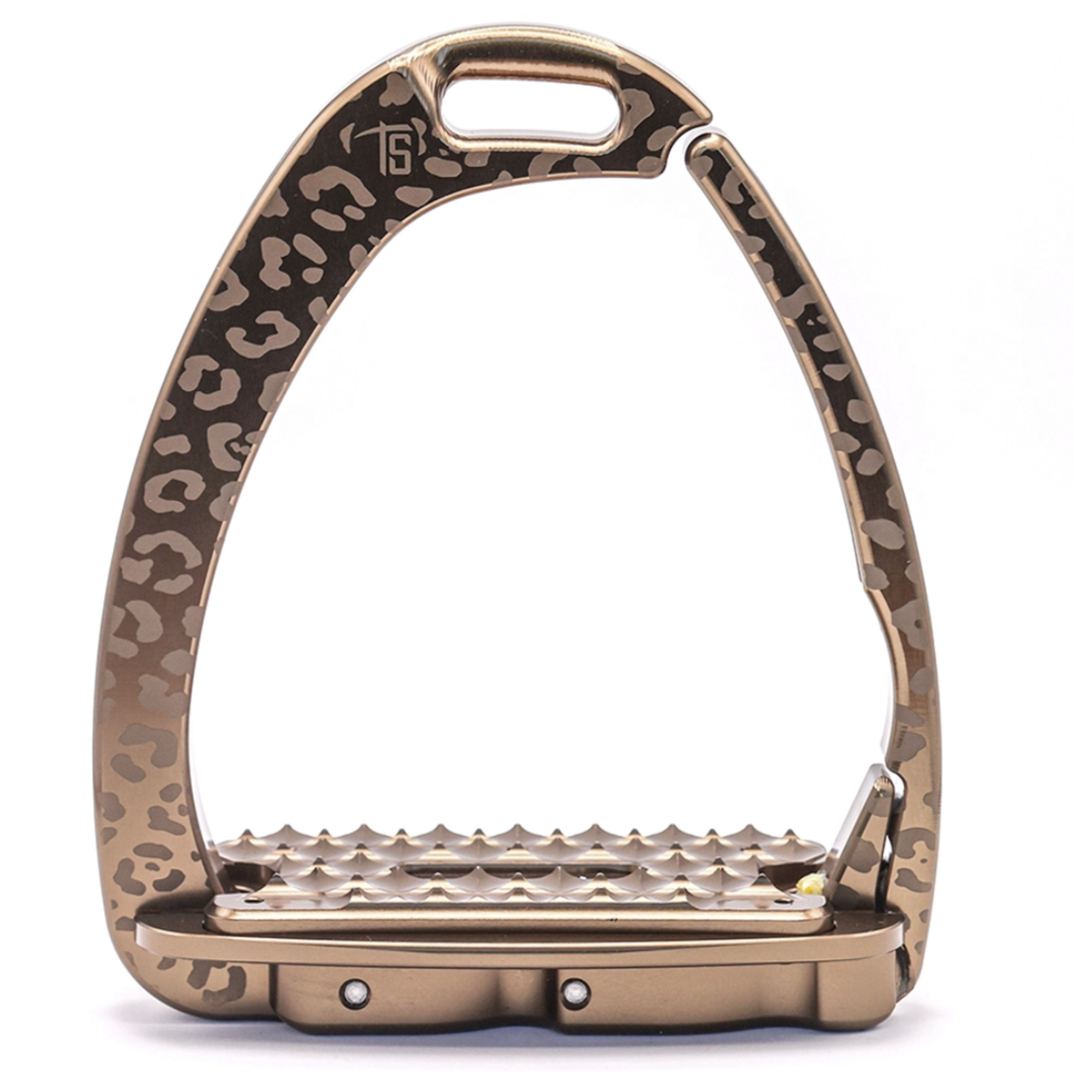 A horse riding stirrup with a leopard print pattern in a metallic bronze finish, featuring a textured footplate and a small engraved logo on the upper left.