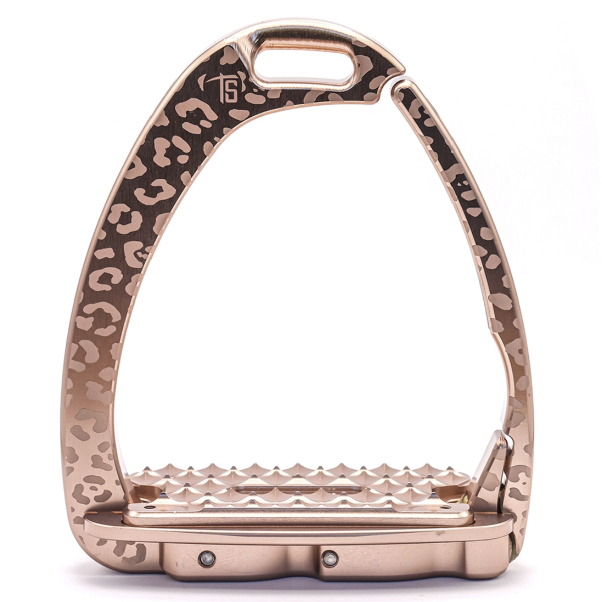 A horse back riding stirrup in a rose gold finish with a dark leopard print pattern on the outer frame, shown against a plain white background.