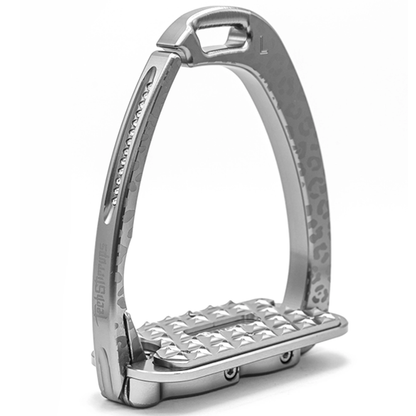 a limited edition titanium grey colored english riding stirrup with a subtle leopard print and inlay crystals on a white background.