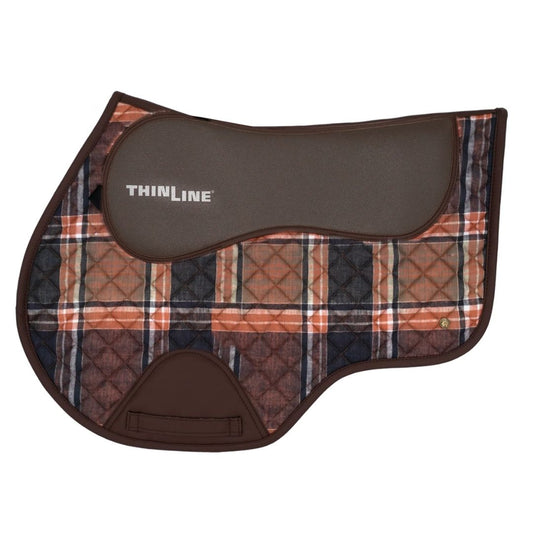 Field Plaid close contact saddle pad with cognac leatherette binding, contoured shape, cotton outer, and ThinLine shock‑absorbing construction.
