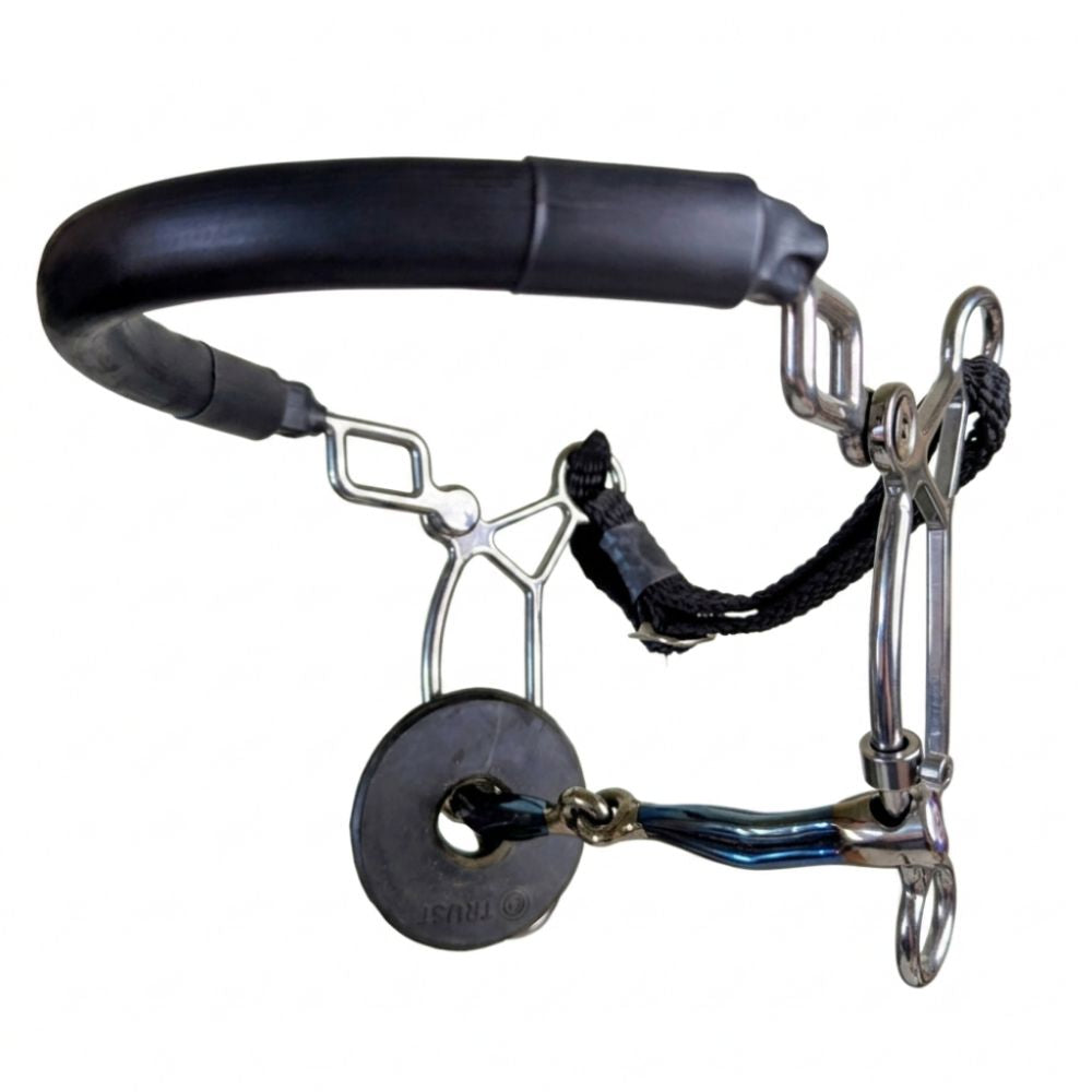short shank ribbed blue sweet iron hackamore combination bit with a white background.