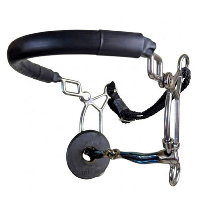 short shank ribbed blue sweet iron hackamore combination bit with a white background.
