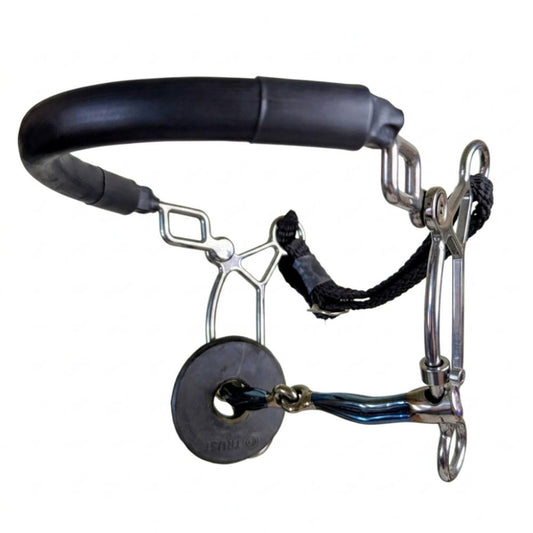 short shank ribbed blue sweet iron hackamore combination bit with a white background.