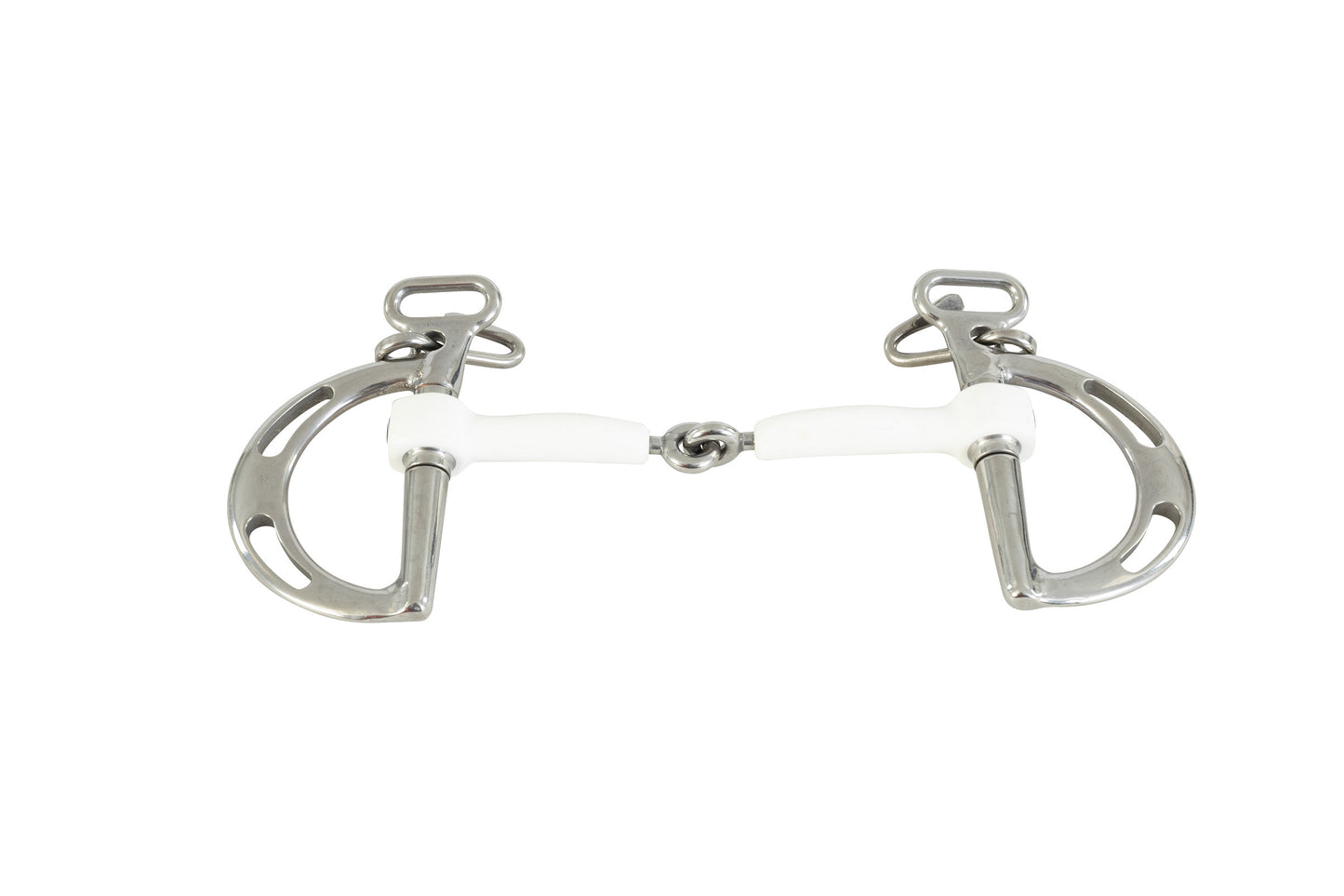 trust white innosense polymer single joint kimberwick horse bit on a white background.