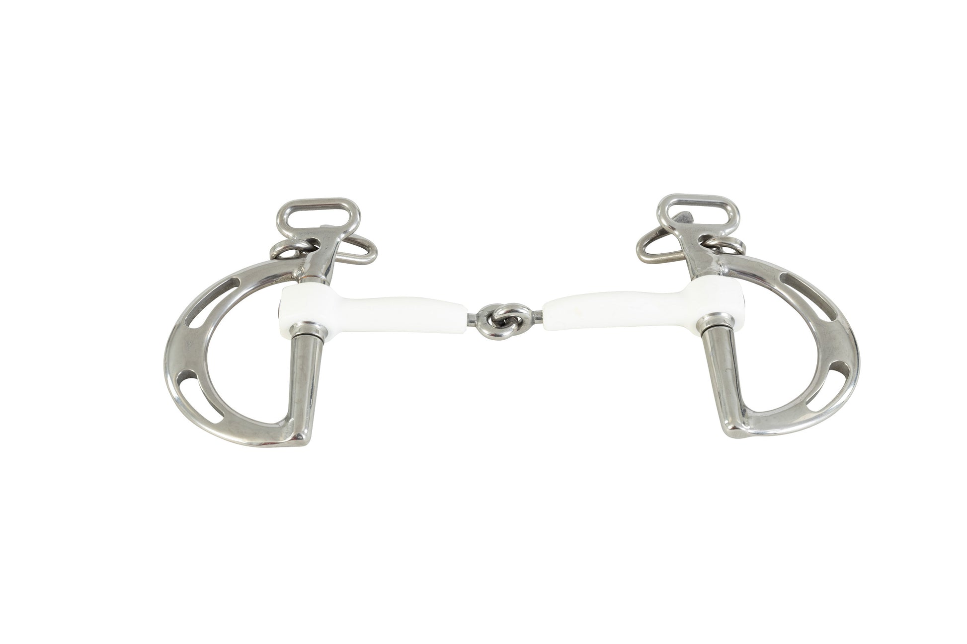 trust white innosense polymer single joint kimberwick horse bit on a white background.