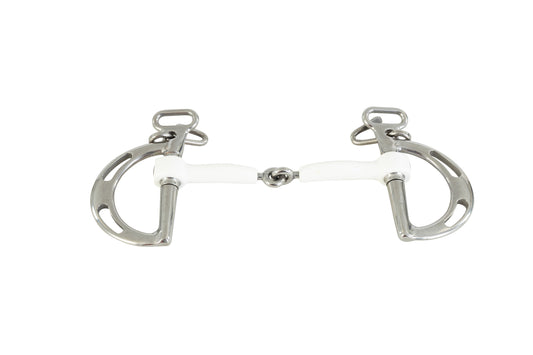 trust white innosense polymer single joint kimberwick horse bit on a white background.
