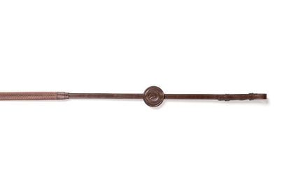 brown trust samorin rubber reins on a white background featuring a stamped leather horse head martingale stop.