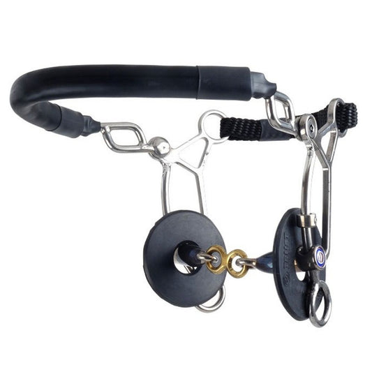  blue and yellow french link hackamore combinaton bit with black noseband on a white background. 