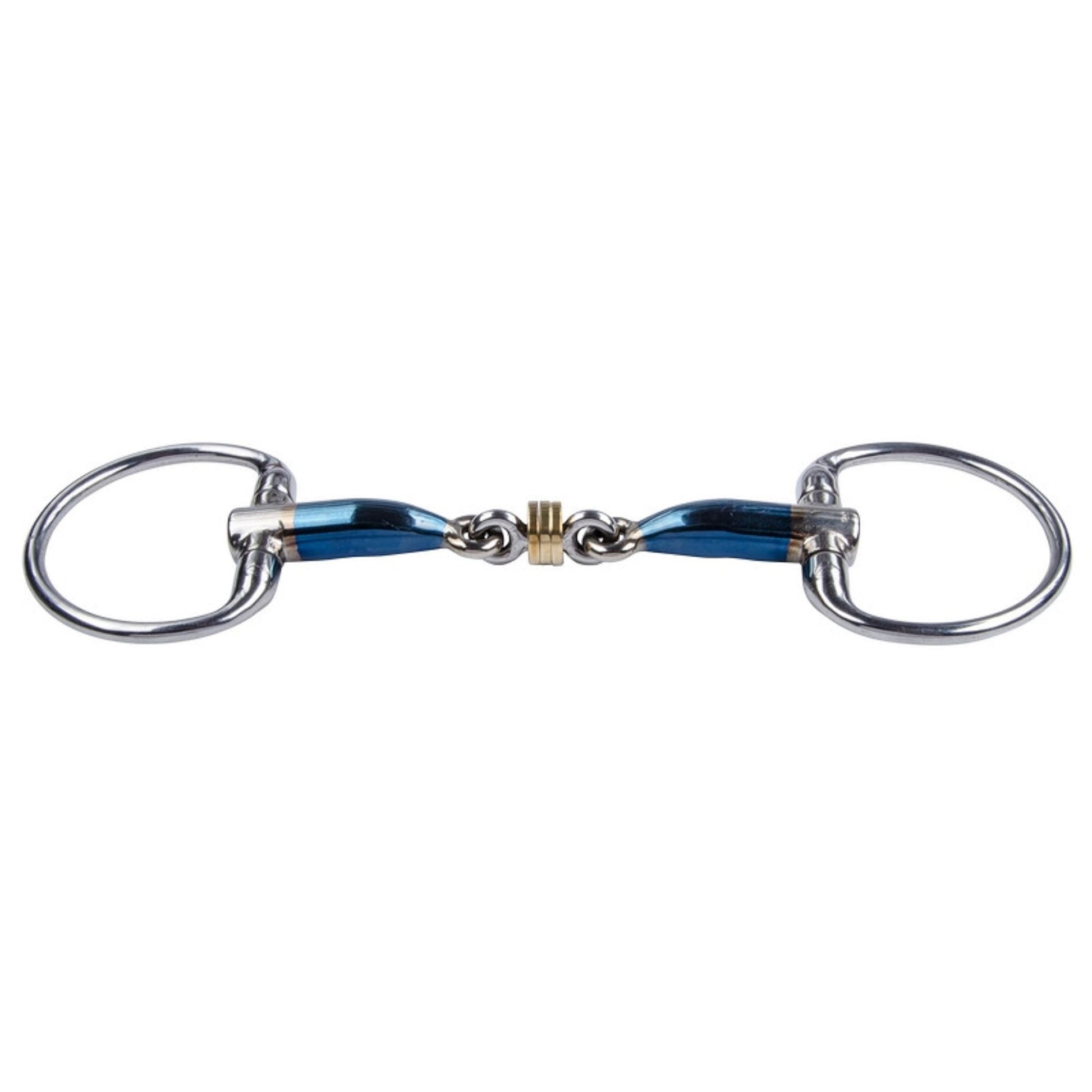 TRUST Eggbutt Sweet Iron Roller snaffle bit with blue sweet iron mouthpiece, brass roller link, and fixed eggbutt cheeks on a white background.