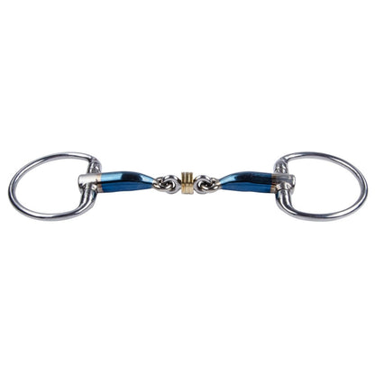 TRUST Eggbutt Sweet Iron Roller snaffle bit with blue sweet iron mouthpiece, brass roller link, and fixed eggbutt cheeks on a white background.