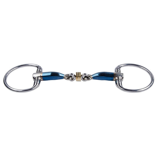 TRUST Eggbutt Sweet Iron Roller snaffle bit with blue sweet iron mouthpiece, brass roller link, and fixed eggbutt cheeks on a white background.