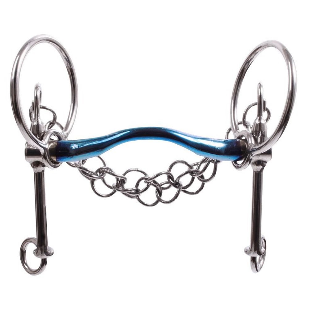 TRUST Sweet Iron Medium Port Swales bit with rotating loose ring, lower shank ring, blue sweet‑iron finish, and medium port mouthpiece