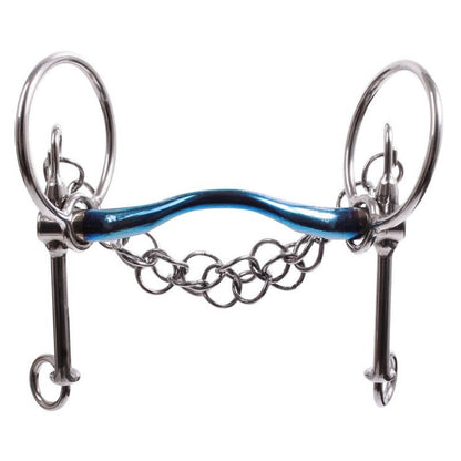 TRUST Sweet Iron Medium Port Swales bit with rotating loose ring, lower shank ring, blue sweet‑iron finish, and medium port mouthpiece