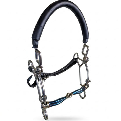 blue ribbed horse bit with black noseband and white background