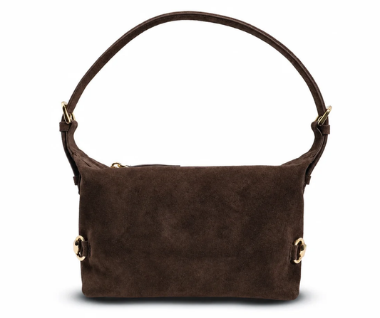 Close‑up of Espresso suede Bethany Bit Bag showing strap attachments, gold hardware, and soft suede texture.
