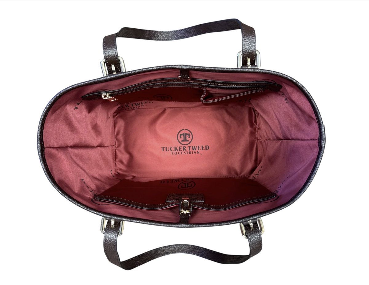 Red satin lining inside of the tucker tweed james river carry all leather bag, tote.