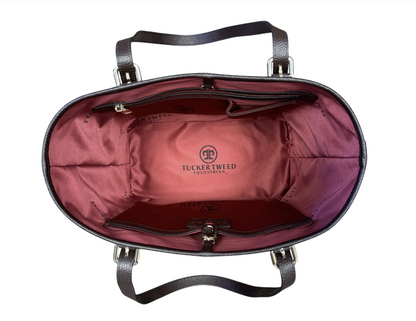 Red satin lining inside of the tucker tweed james river carry all leather bag, tote.