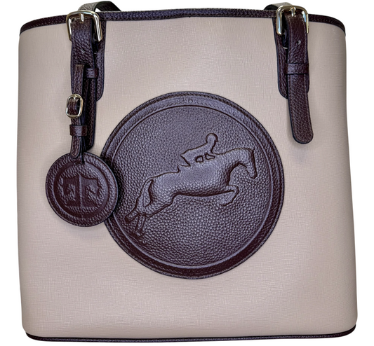 sand tucker tweed james river handbag with dark chocolate hunter jumper horse emblem