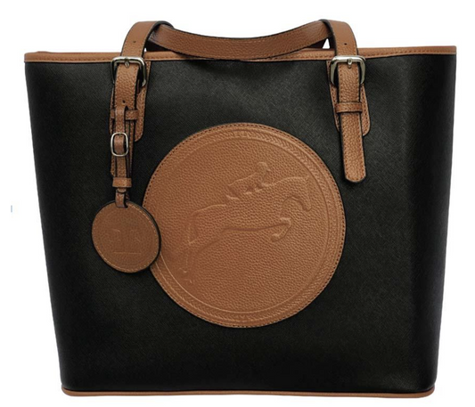 black leather tote bag with chestnut hunter jumper horse emblem