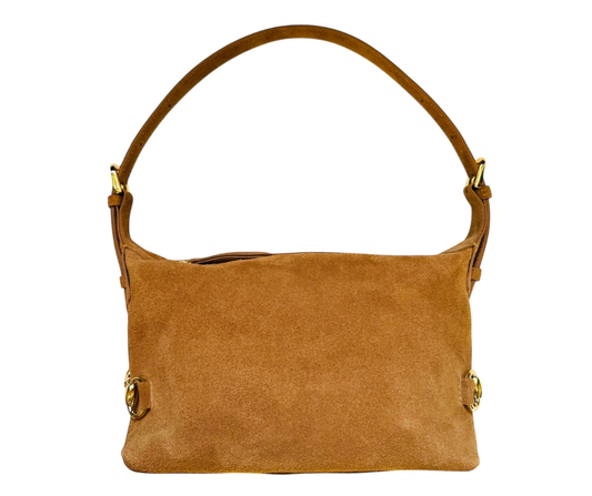 Milk chocolate suede Bethany Bit Bag displayed upright, showing structured silhouette, gold buckles, and soft suede texture.
