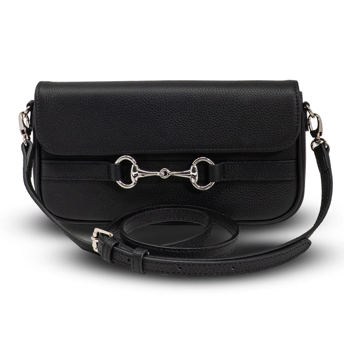 Black pebbled‑leather equestrian‑inspired pochette with a structured rectangular shape, flap closure, silver horsebit hardware, and detachable adjustable leather shoulder strap.