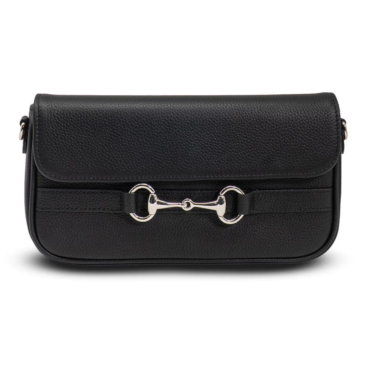 Black Tucker Tweed Wellington Convertible Pochette in pebbled leather with flap closure and silver horsebit detail, shown with side strap attachments.