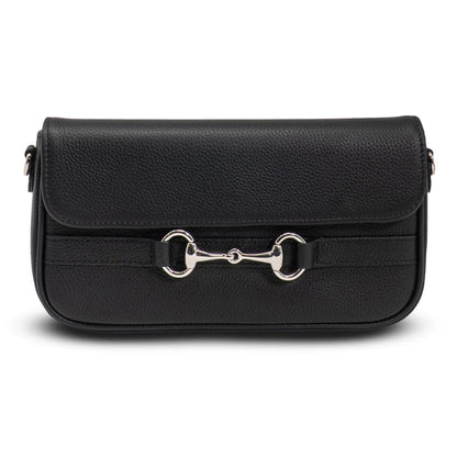 Black Tucker Tweed Wellington Convertible Pochette in pebbled leather with flap closure and silver horsebit detail, shown with side strap attachments.