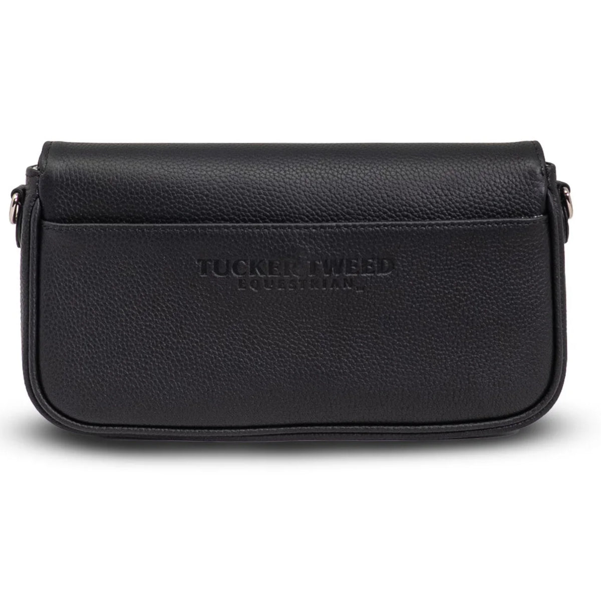 Back view of a black pebbled‑leather Tucker Tweed clutch with rounded edges, structured silhouette, and side hardware for attaching a strap, shown without front branding or embellishment.